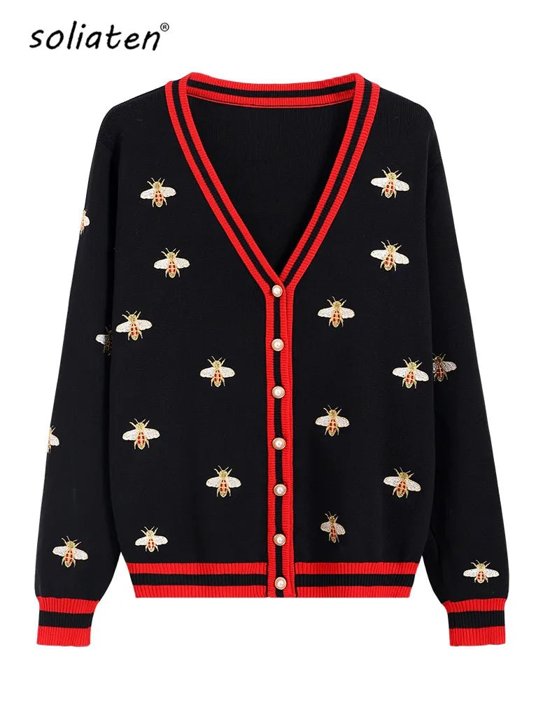 High Quality Fashion Designer Bee Embroidery Cardigan Long Sleeve Single Breasted Contrast Color Button Knitted Sweaters C-068