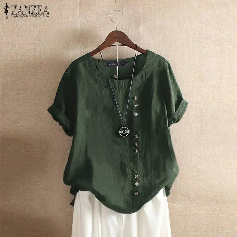 Elegant Cotton Tops Women's Summer Blouse 2023 ZANZEA Casual Long Sleeve Shirts Female O Neck Button Blusas  Tunic