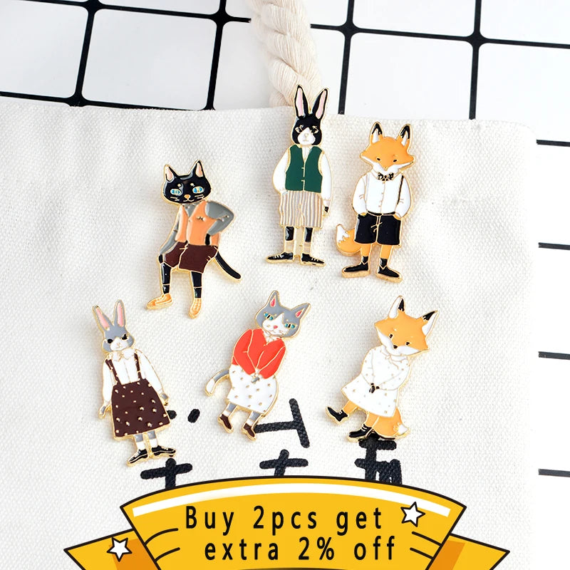QIHE JEWELRY Pins and Bbrooches Rabbit/Fox/Cat Couple Enamel Pin Badges Hat Backpack Accessories Lovers Jewelry Gift for Lover