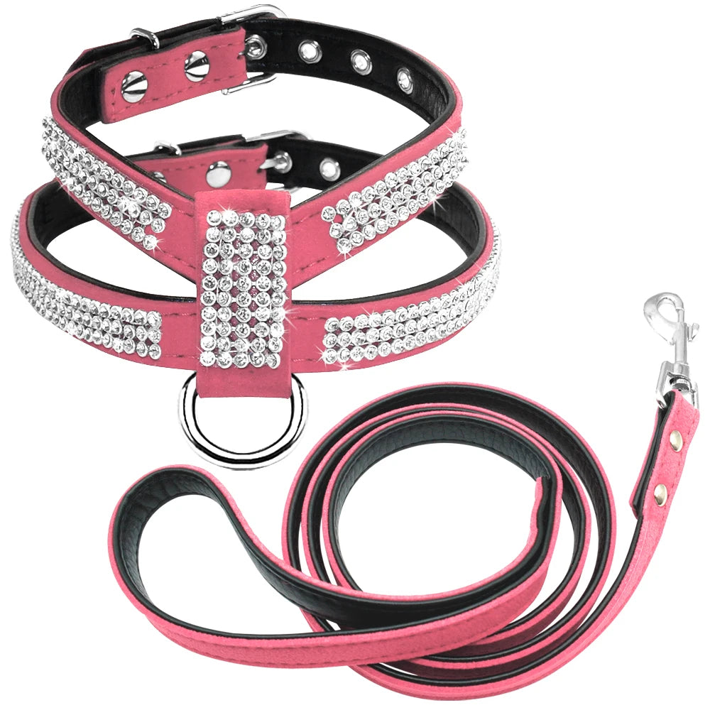 Bling Rhinestone Dog Harness Leather Puppy Cat Harness Vest Leash Set For Small Medium Dog Chihuahua Pug Yorkshire Pet Supplies