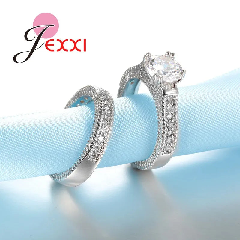 925 Stamped Silver Needle Ring Sets 2 PCS Bijoux Full African AAA Crystal Heart Stone Rings Romantic Wedding Best Chioce