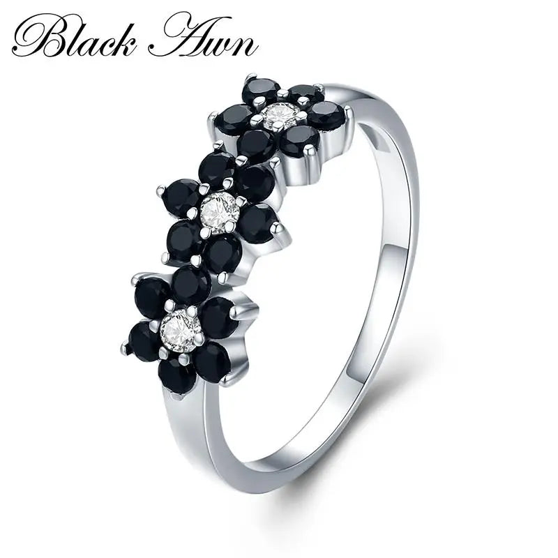 2023 New Cute Silver Color Jewelry Flower Bague Black Spinel Wedding Rings for Women Girl Party Gift C464