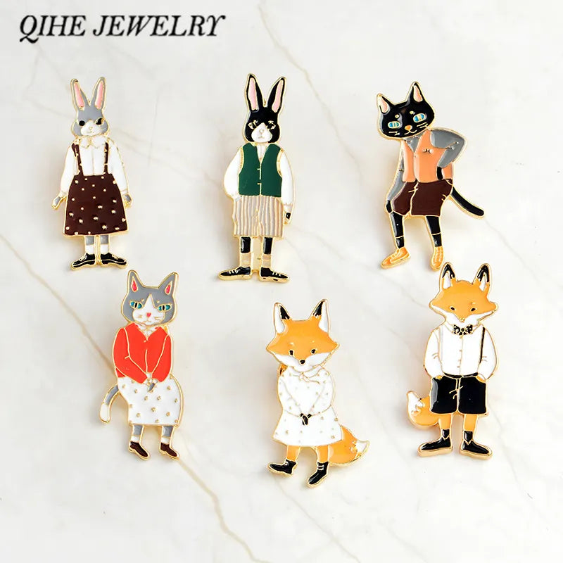 QIHE JEWELRY Pins and Bbrooches Rabbit/Fox/Cat Couple Enamel Pin Badges Hat Backpack Accessories Lovers Jewelry Gift for Lover
