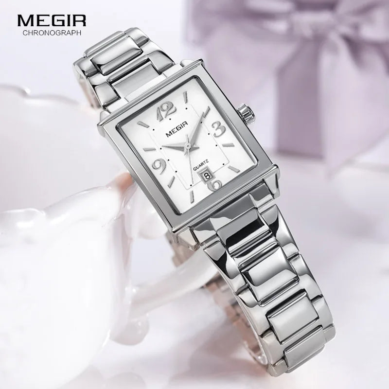 Megir Womens Simple Stainless Steel Quartz Watch with Calendar Date display Fashion Waterproof Dress Wrist Watch for Ladies1079L
