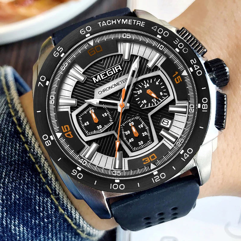 MEGIR Chronograph Men's Army Military Sports Watches Fashion Casual Silicone Strap Quartz Wrist Watch Clock Relogio Masculino