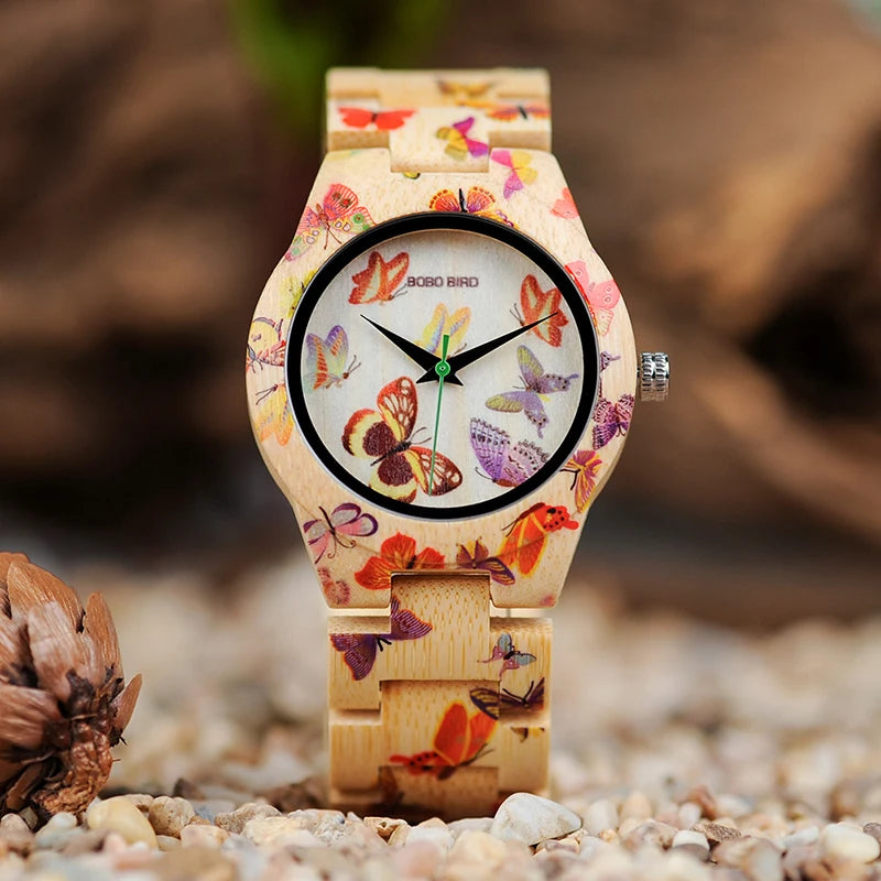 BOBO BIRD Ladies Wood Watch Women montre femme Bamboo Band Painting Butterfly Quartz Watches in Wooden Gift Box OEM W-O20