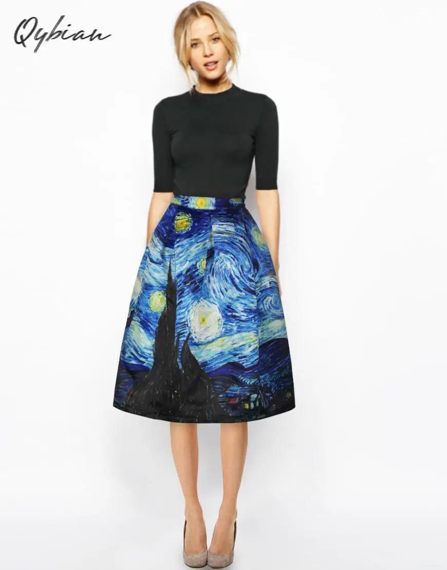 Qybian New Faldas Vintage Van Gogh Print Ladies Skirts High Waist Womens Skirts Christmas Skirt Plus Size Skirt