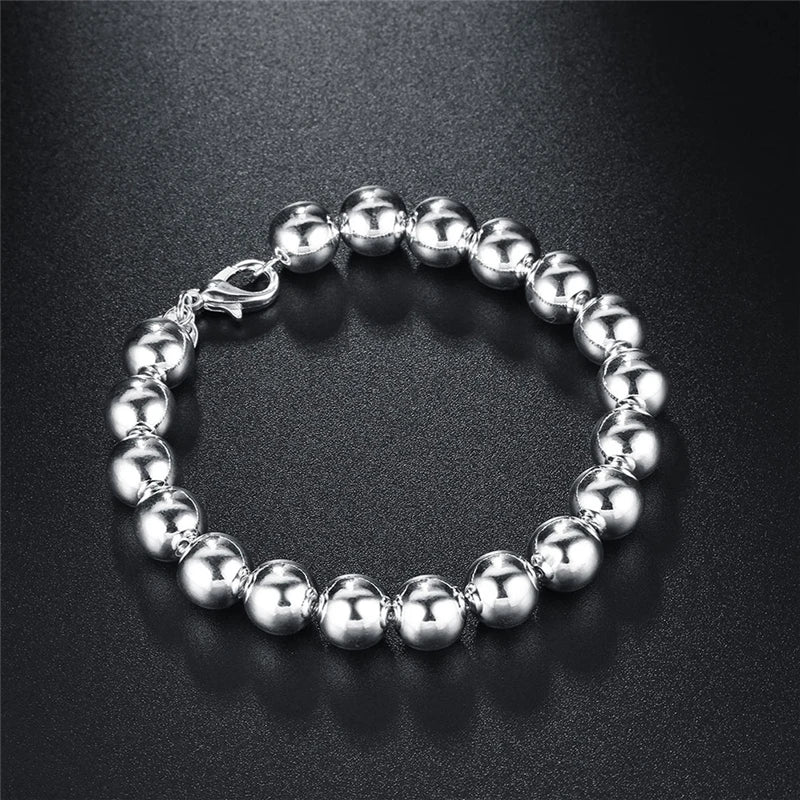 DOTEFFIL 925 Sterling Silver 8mm/10mm Hollow Circle Ball Beads Silver Beaded 20cm Bracelet Woman Charm Fashion Jewelry