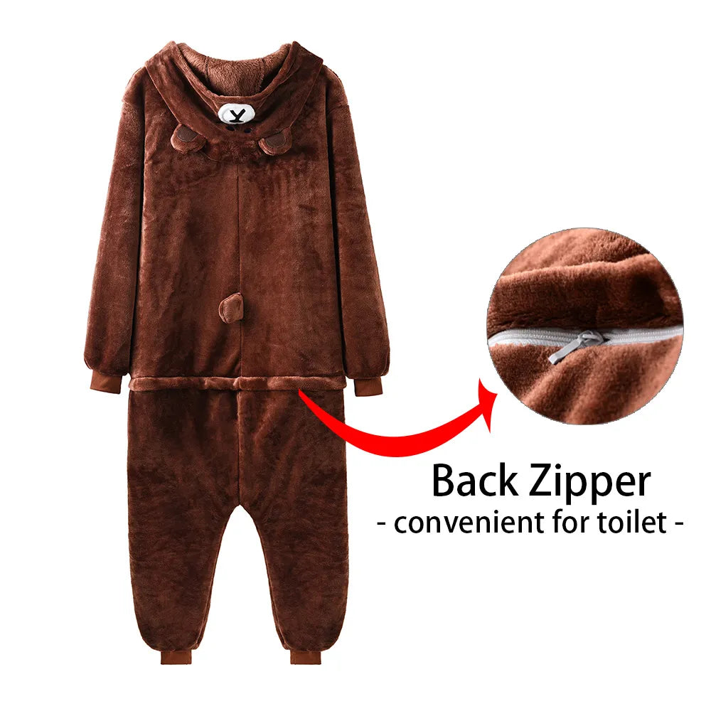 Unisex Bear Kigurumis Zipper Animal Onesie Women Men Adult Couple Funny Jumpsuit Flannel Warm Soft Cartoon Winter Sleepwear
