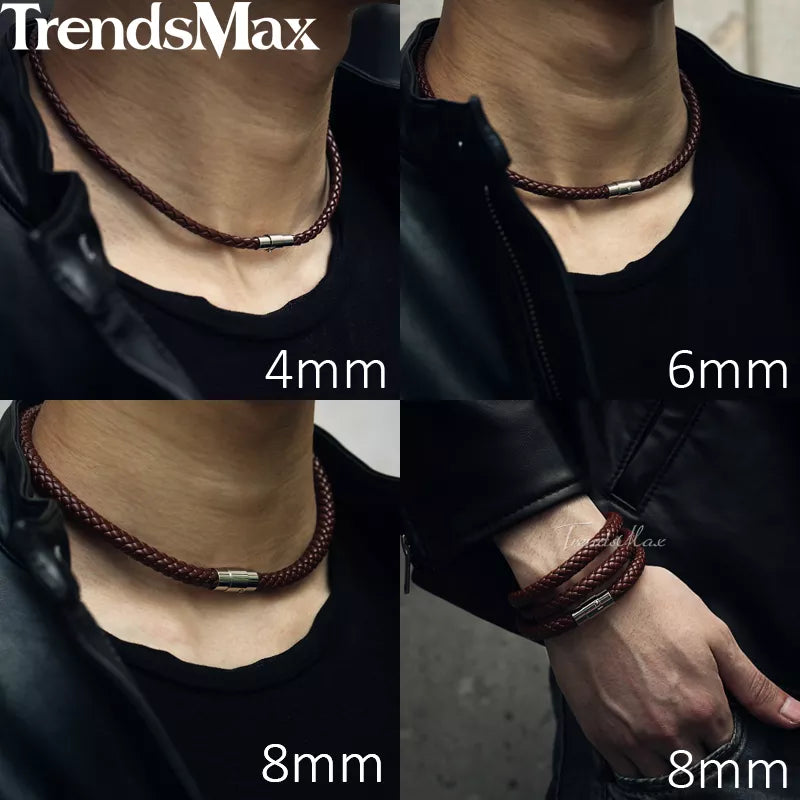 Man-made Leather Necklace Choker Black Brown Braided Rope Chain for Men Boy Male Jewelry Gifts collier homme Magnetic UNM27