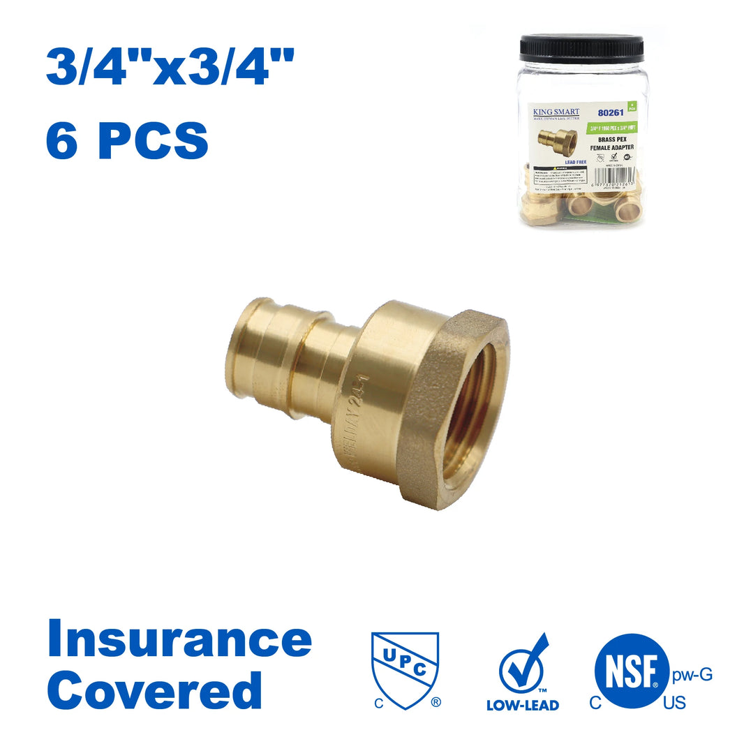 KING SMART F1960/Wisbo/PEX A Expansion PEX 3/4" * 3/4" Female NPT Straight Female Adapter; 6Pcs/Case; Lead Free Brass; 80261
