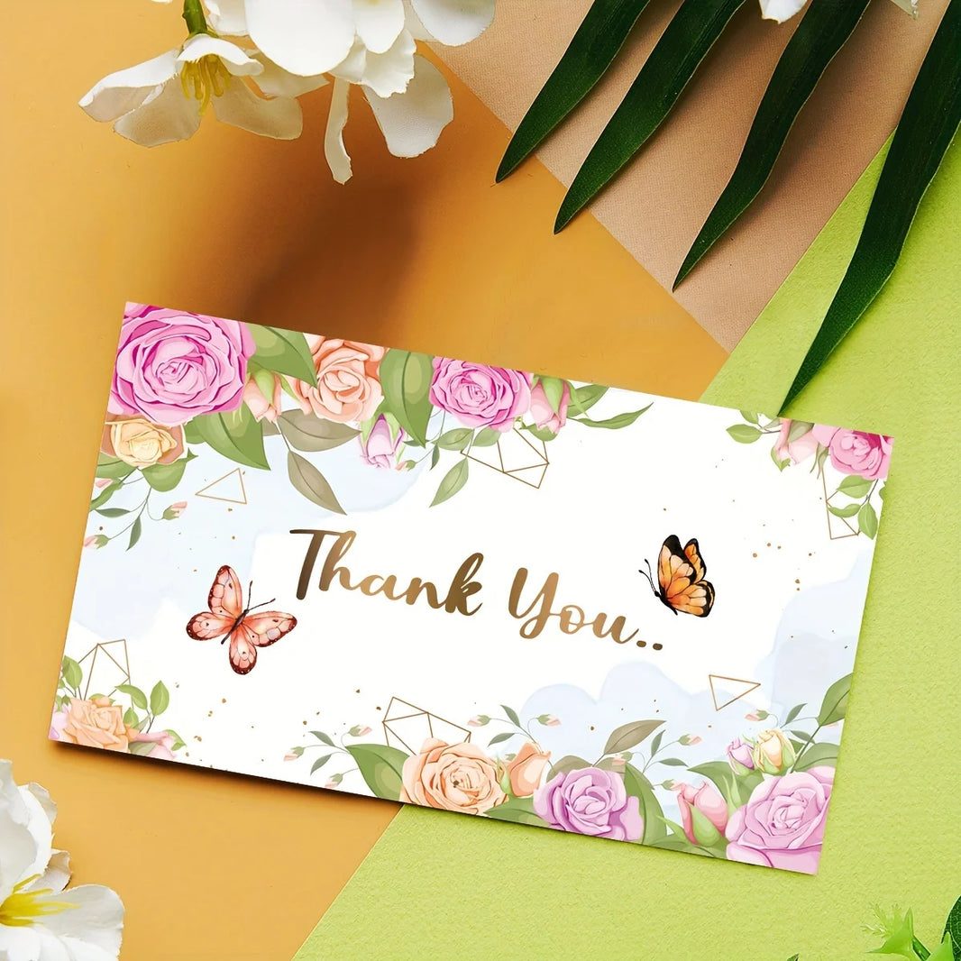 50PCS Elegant Floral Thank You Cards - Handwritten Style with Pink Roses and Butterflies, Paper Customer Thank You Cards