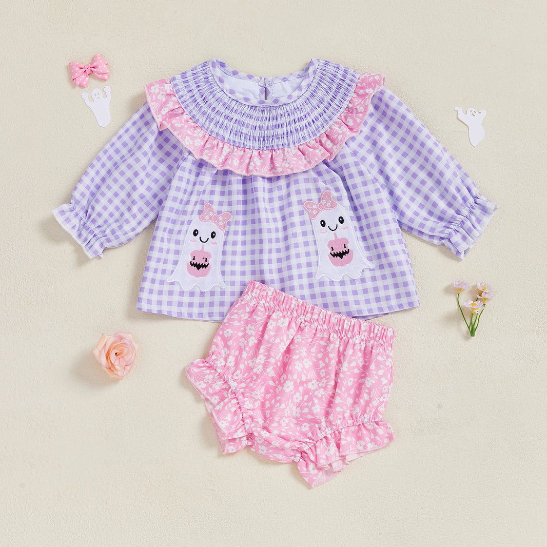 Toddler Girls 2-Piece Outfit Short Sleeve Pumpkin Print T-shirt with Ruffle Shorts Set Halloween Costume for Kids