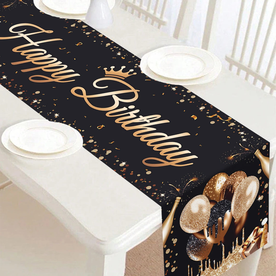 180x35cm Black Champagne Balloon Happy Birthday Table Runner HomeParty Decor Kids Adults Anniversary Birthday Party Supplies 