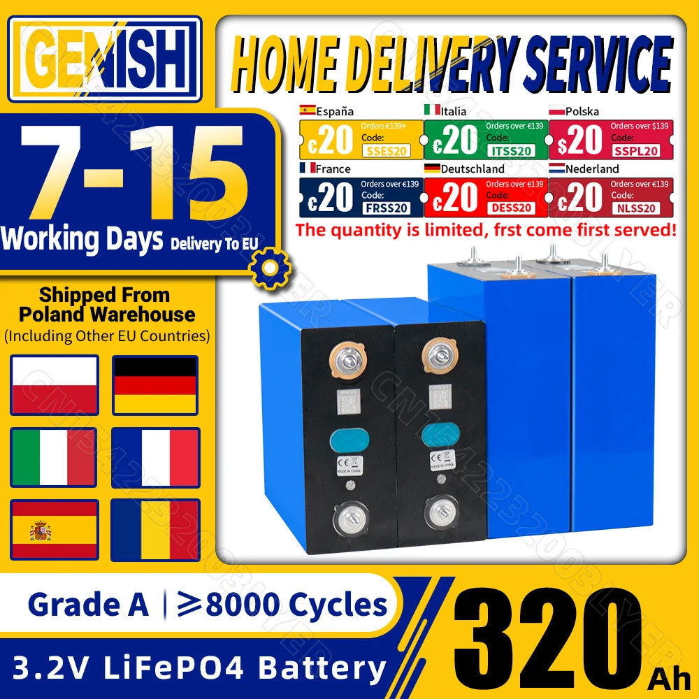 Grade A 320Ah LiFePO4 Battery 8000 Cycle 3.2V Rechargeable Batteria Lifepo4 Cell DIY 12V 24V 48V For Solar Storage RV EV Camping