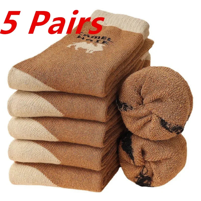 5 Pairs Lot Winter Men's Merino Wool Socks Super Thick Warm Camel Harajuku Retro Snow Casual Antifreeze Cashmere Socks Women