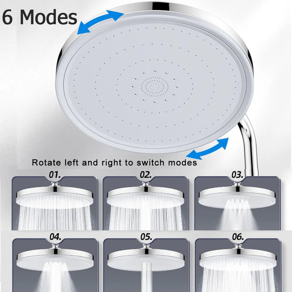Large Flow Supercharge Rainfall Ceiling Mounted Shower Head Silver 6 Modes Abs Thicken High Pressure Shower Bathroom Accessories