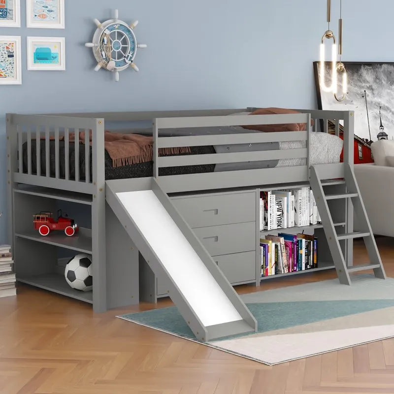 Twin Size Low Loft Bed with Bookcase, Drawers, Ladder and Slide, Gray Base para cama Human dog bed Inflatable bed