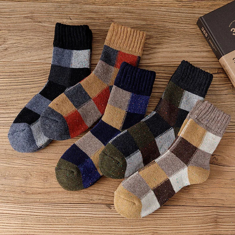 Winter Warm Men Wool Socks  Super Thick Solid Socks Harajuku Retro Plaid Merino Wool Socks Against Cold Snow Terry Socks 5 pair
