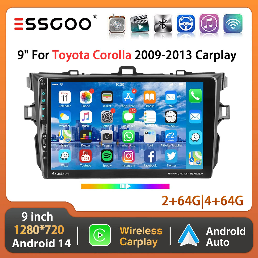 ESSGOO 9" 64G Android 14 Car Stereo For Toyota Corolla 09-13 Carplay Android Auto GPS Navi WIFI BT Multimedia Player Head Unit