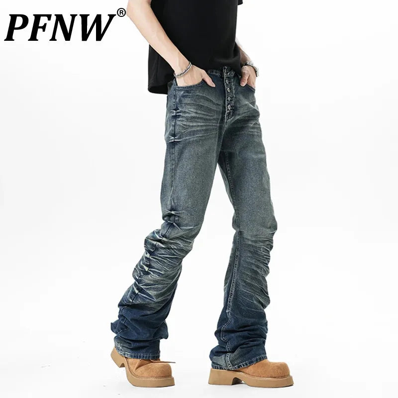 PFNW American High Street Buttoned Pleated Men's Jeans 2025 Korea Fashion Vintage Male Trousers Loose