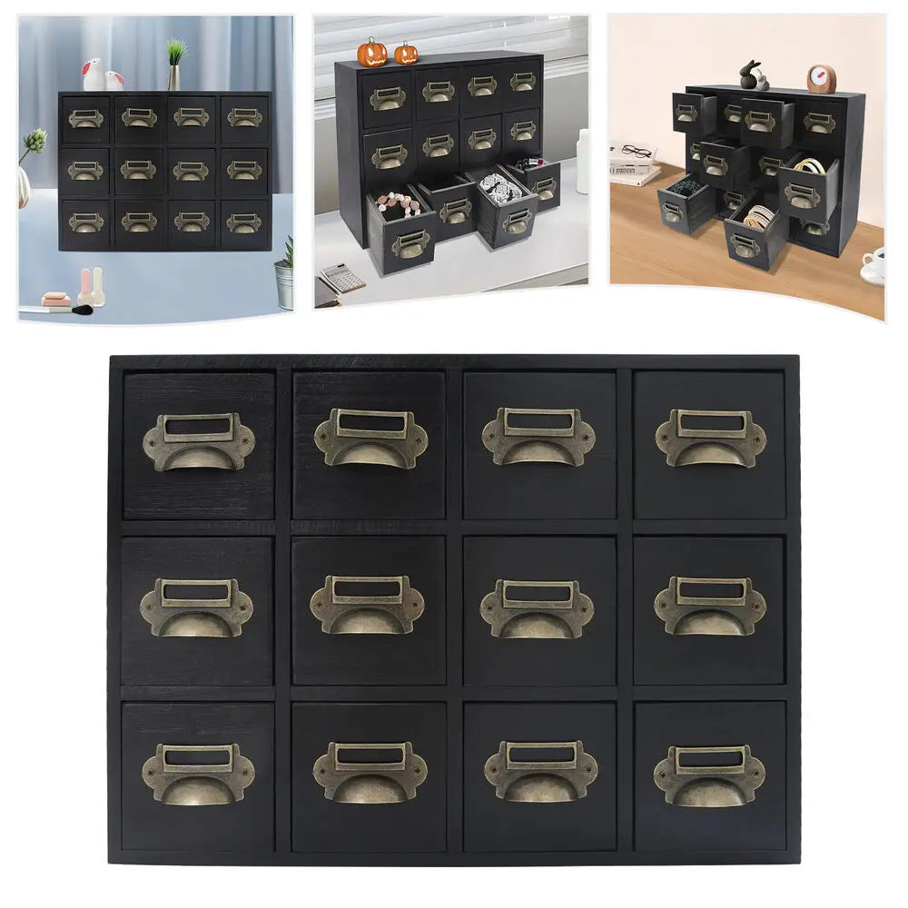 12 Drawers Wooden Desktop Organizer Home Storage Case Cosmetic Dresser Box Black