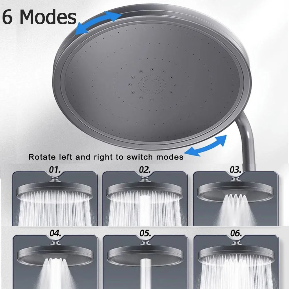 6 Modes Large Flow Supercharge Ceiling Mounted Shower Head Silver High Pressure Abs Thicken Rainfall Shower Bathroom Accessories