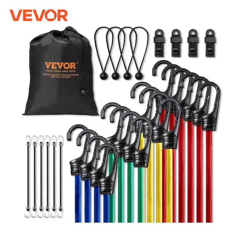 VEVOR 32pcs Elastic Bungee Cords Straps Assorted Lengths Heavy Duty Bungee Ropes for Bike Tents Camping RVs Trunks Luggage Racks