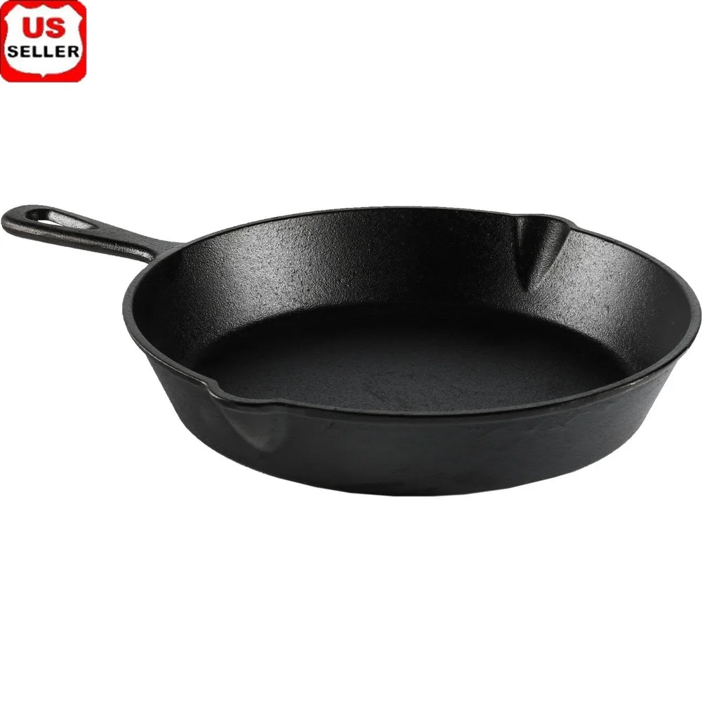 Pre-Seasoned Cast Iron Skillet 10.5 Inch Heat Distribution Versatile Cooking Nonstick Surface Campfire Safe Easy Drain Pour