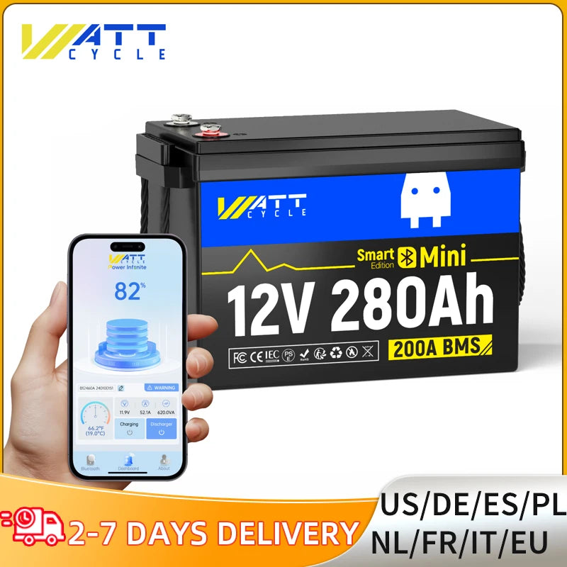 WattCycle LiFePO4 Lithium Battery 12V 280Ah Bluetooth EVE A+ Cells 200A BMS For RV Camping Marine Home Storage Backup Power
