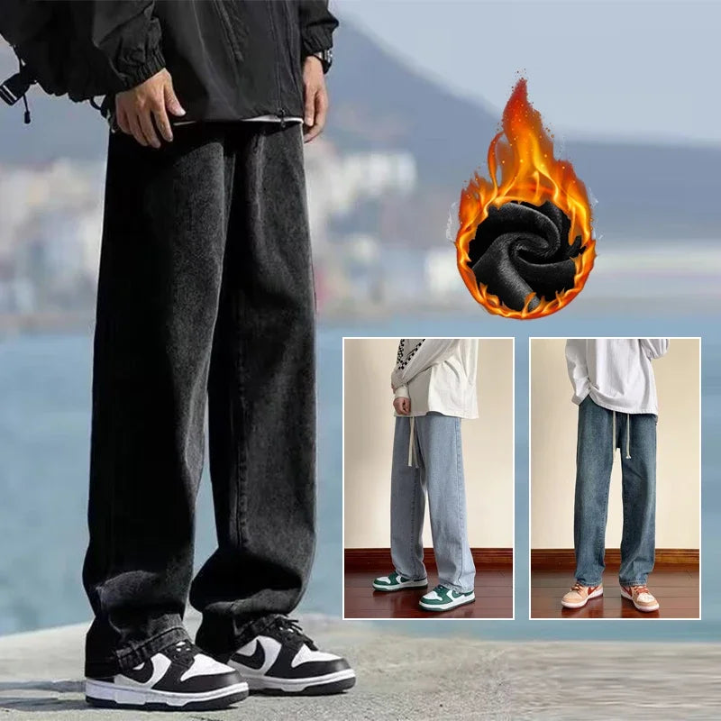 2025 New Men Autumn Winter Warm Casual Jeans Male Fleece Lined Thickened Denim Pants Elastic Waistband Loose Straight Trousers