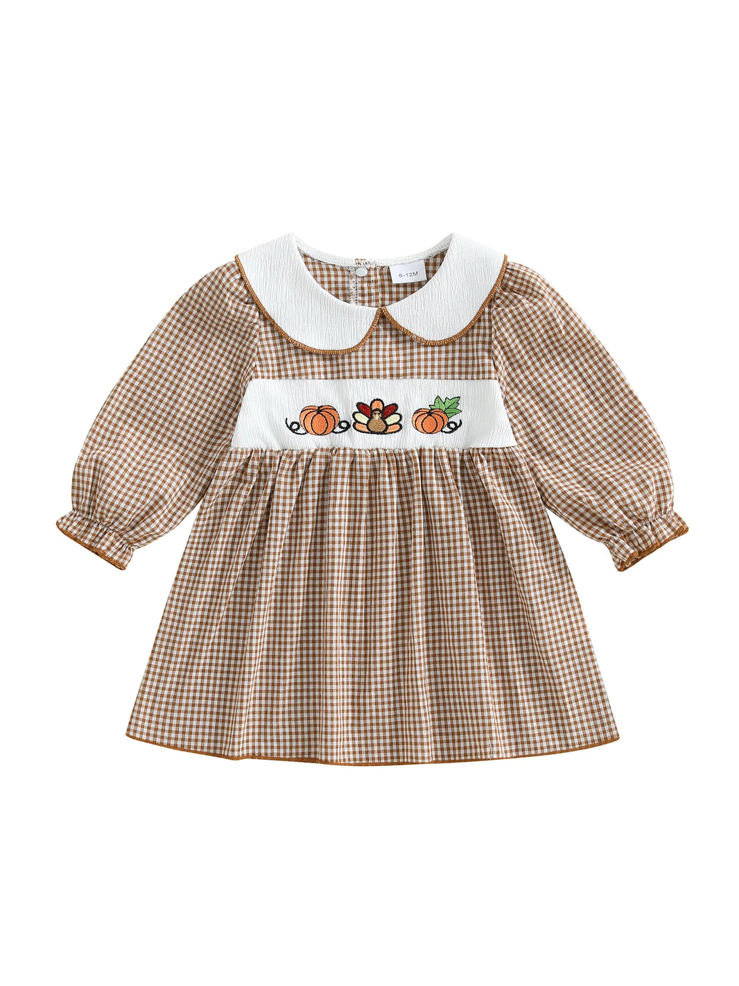Thanksgiving Plaid Dress for Girls with Turkey and Pumpkin Embroidery Doll Collar Long Sleeve Casual Dress for Toddlers