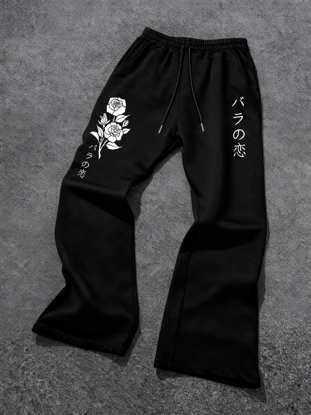 Men's black jogging pants with Japanese text and white floral print, simple street sweatpants, elastic waist casual pants 2025