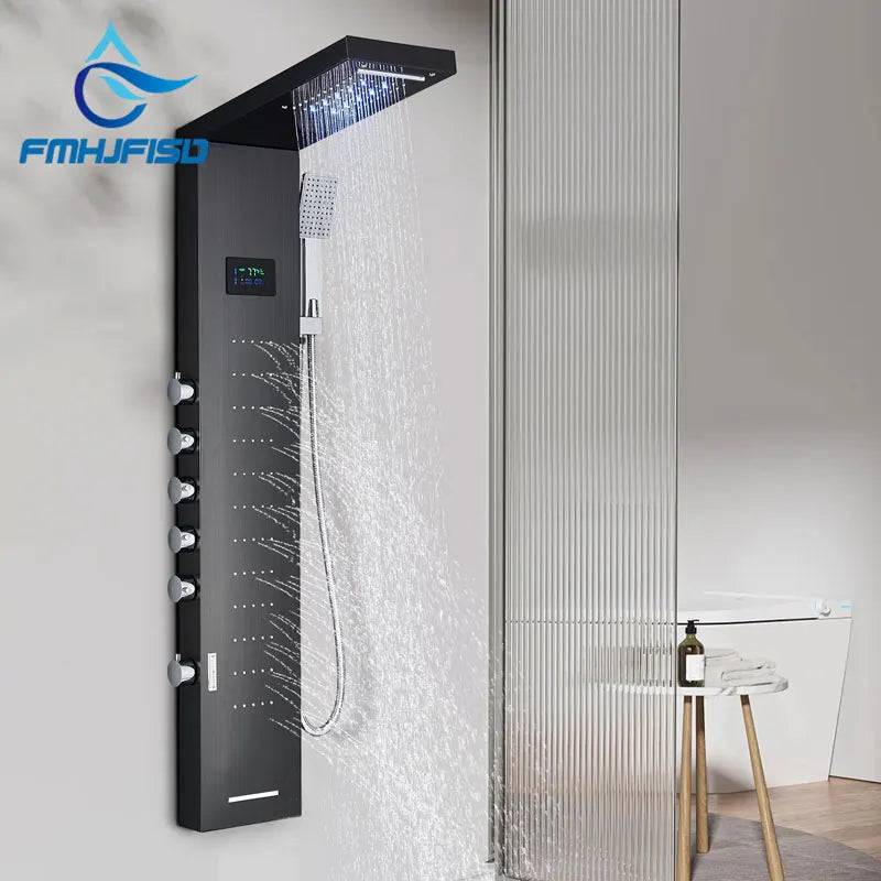 LED Shower Pannel Temp Display Screen Rainfall Shower Head Waterfall Tub Faucet Wall Mount Big Massage Bathroom Shower Systems