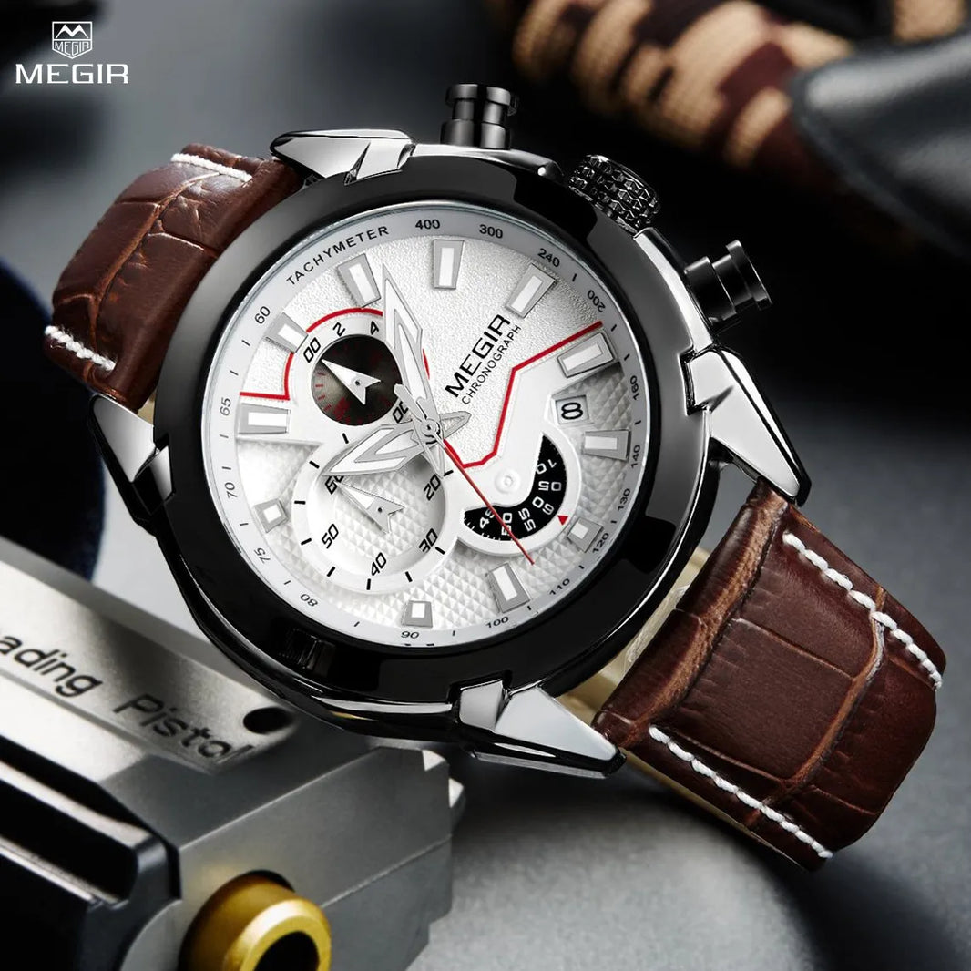 MEGIR Military Sport Watch for Men Top Brand Luxury Watches Leather Strap Quartz Wristwatch Man Clock Chronograph Reloj Hombre
