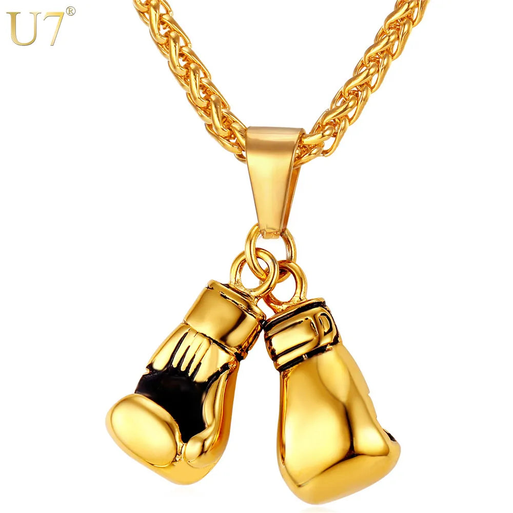 U7  Boxing Necklace for Man 24" Wheat Link Chain Gloves Stainless Steel Sport GYM Fitness Fighting Pendant Sporty Punk Jewelry