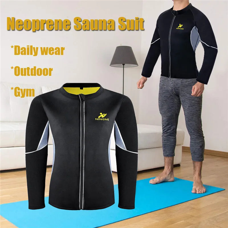 NINGMI Men Slimming Home Gym Shirts Jacket with Long Sleeve Fitness Tights Weight Loss Neoprene Sauna Waist Trainer Body Shapers