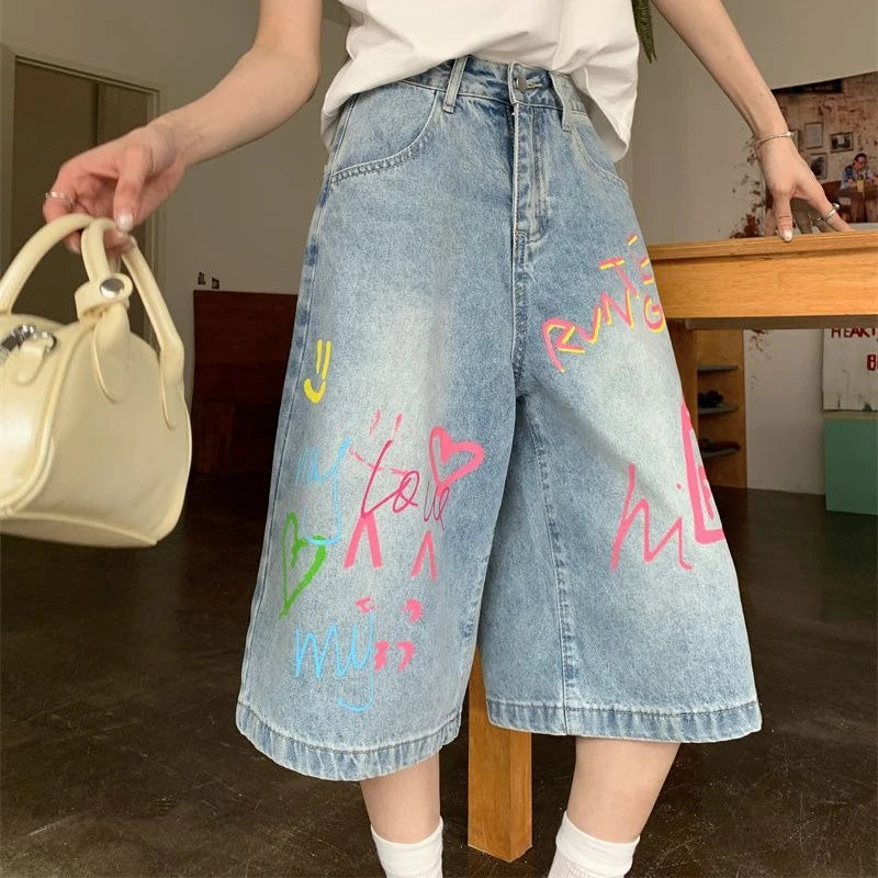 Jeans For Women 2025 Retro Hip Hop Street Jeans Summer Oversized Embroidered High Waisted Wide Leg Shorts Loose Y2K Wide Pants