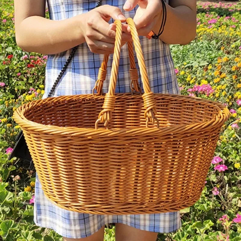 Vintage Wicker Woven Basket Fruit Picnic Easter Candy Thanks Giving Wedding Party Decoration Serving Basket with Folding Handles