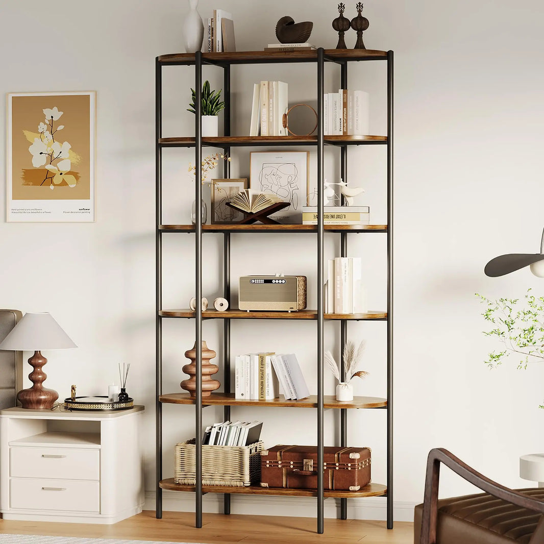 Open Bookshelf,6 Tier Tall Bookcase Unique Bookshelves Wooden Vintage Bookshelf Metal Frame Display Shelf Home Storage for Home