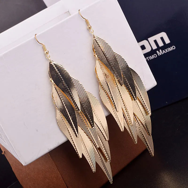 Baroque Vintage Leaf Drop Long Earrings Willow Fringed Tassel Gold Color Earrings for woman Fashion Pendientes Mujer Jewelry