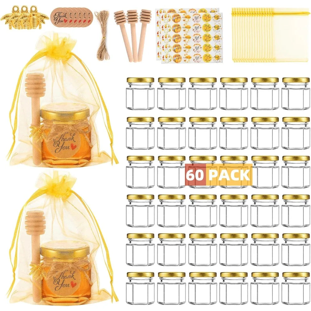 60 Pack Mini Glass Honey Jars Party Favors,1.5 oz Small Hexagon Glass Honey Jars with Dippers,Lids,Gold Bags,Bee Charms,Thank Yo
