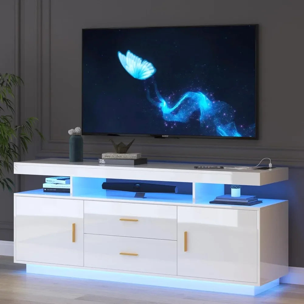 High Gloss Entertainment Center White with 3-Colors Lighting, LED Modern TV Stand for 65+ inch TV, Home Storage Cabinet