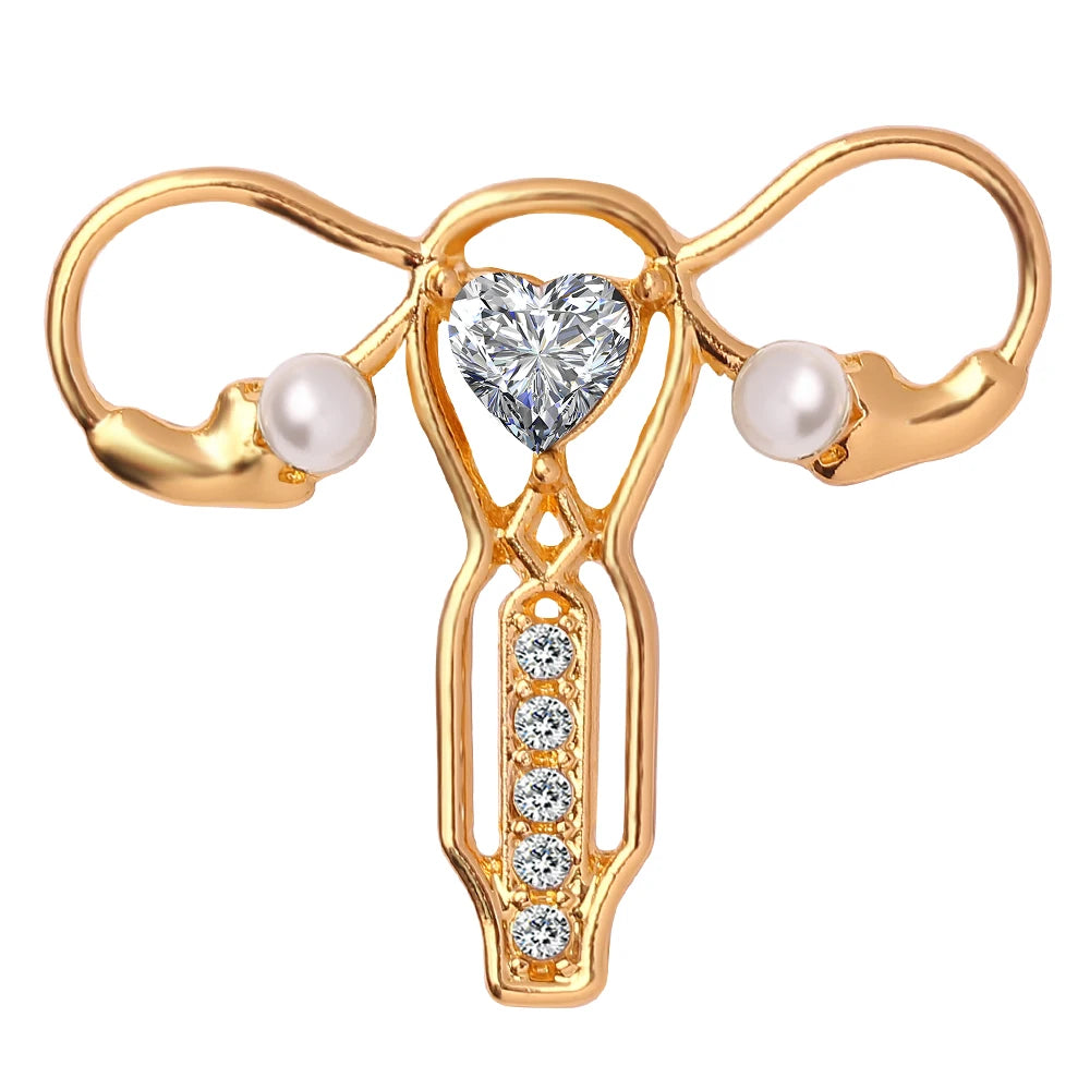 Female Uterus Zircon Pearl Crystal Metal Brooch Souvenir Props Thanksgiving Symbol Jewelry Gift for Doctor or Mother