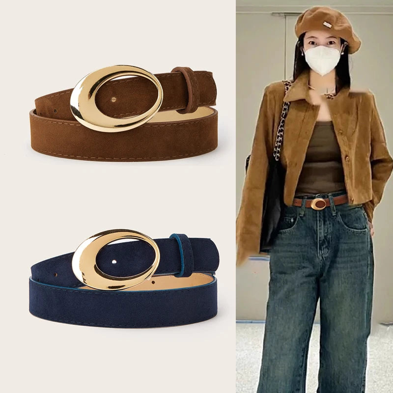 Simple Fashion Oval Golden Buckle Suede Leather Belt 2.8cm Width Women Belt For Jeans Luxury Designer Dress Coat Brown Waistband