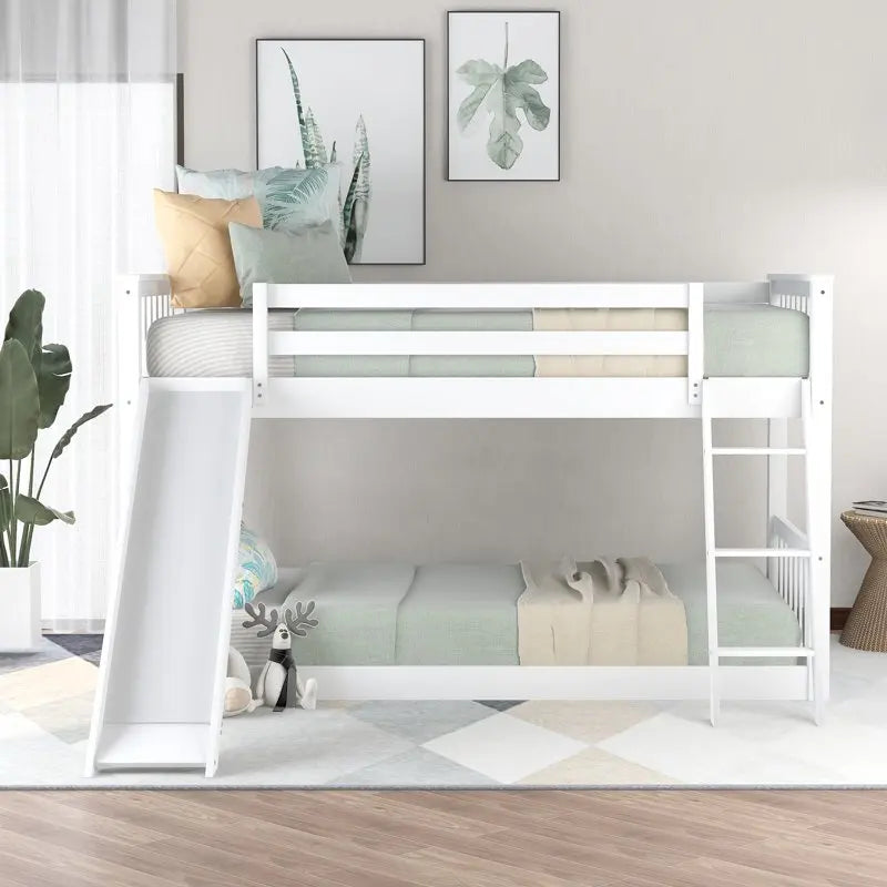 over Twin Floor Bunk Bed with Slide and Ladder for Bedroom, White Inflatable bed Human dog bed Base para cama