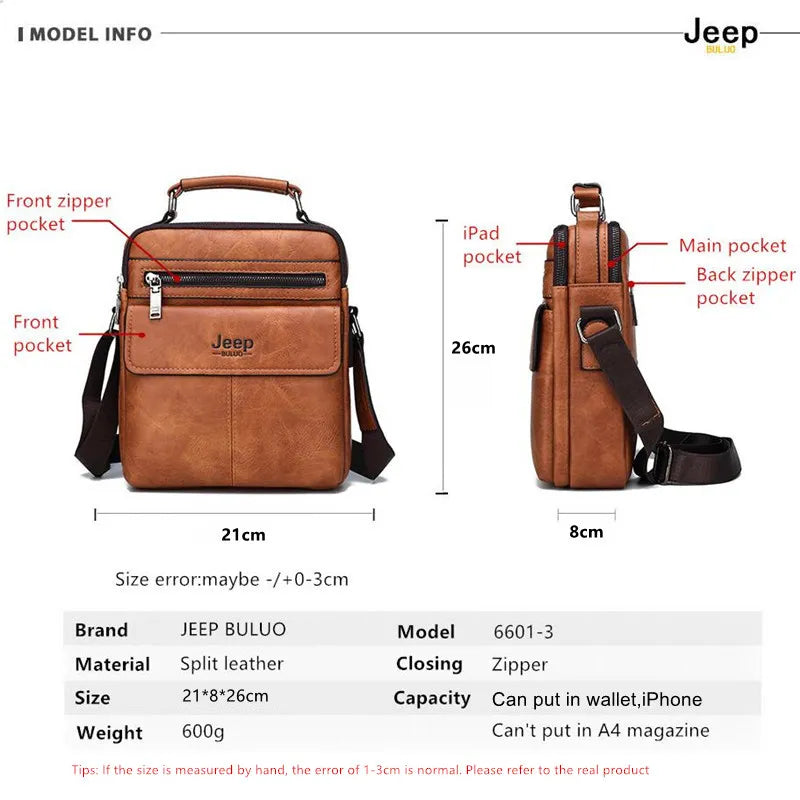 JEEP BULUO Men's Crossbody Shoulder Bags Split Leather Handbag Fashion Business Man Messenger Bag High quality Tote Hot