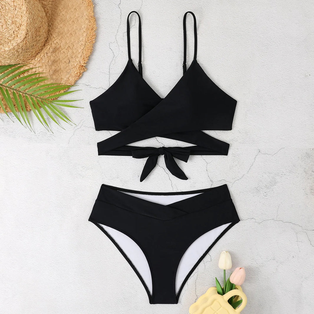 Summer Separate Two-Piece Swimwear Double Shoulder Thin Shoulder Straps V-Neck Push Up Bikini Solid Color Cut Out Swimsuit