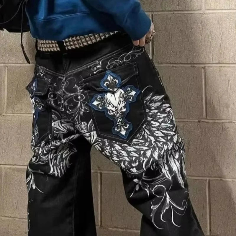 Jeans embroidered hip-hop wide-leg floor-moving Y2K mid-waist gothic individual men's pants American retro fashion trousers