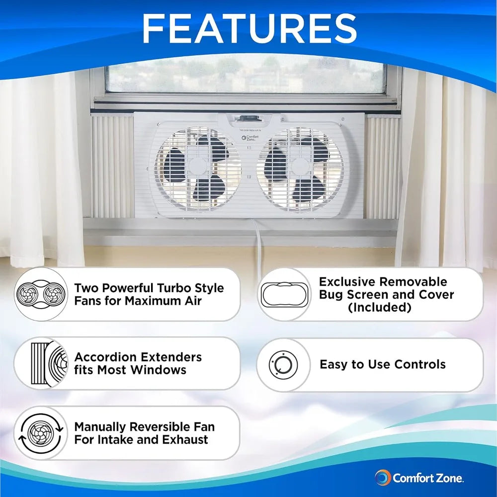 Twin Window Fan with Reversible Airflow Control, 9 inch, Auto-Locking Expanders, 2 Speed Fan, Dual Fan, Exhaust